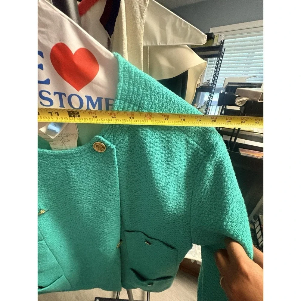 Vintage Chanel Boutique Turquoise Bouclé Wool Jacket 46 FR Made France Silk Line